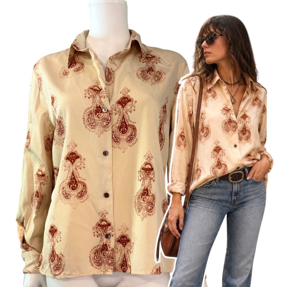 Ryan Michael Paisley Blouse Silk Blend Size Medium Tan Red Western Shirt Boho